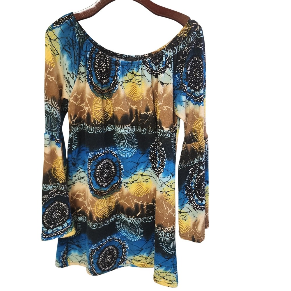 WinWin Bell Sleeve Tunic Top Womens L XL Blue Yellow Boho Sun Mandala Print